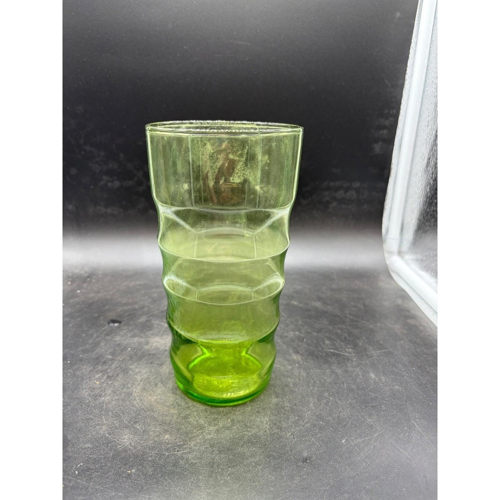 Vintage Green Beehive Ribbed Glass Tumbler Mid Century Modern Drinking Glass 6in
